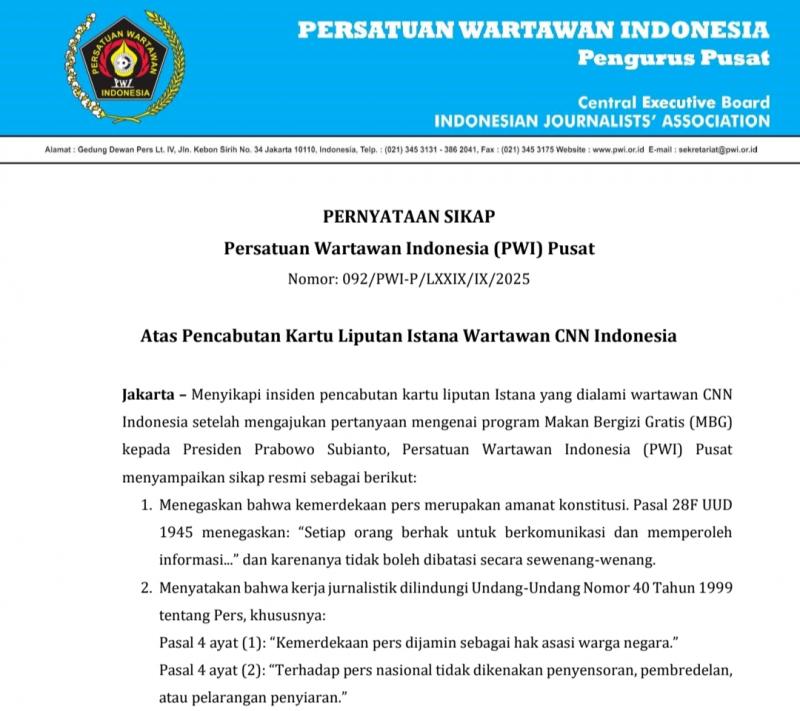 PWI Pusat Menyesalkan Pencabutan Kartu Liputan Istana Wartawan CNN Indonesia