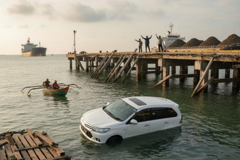 Jalan Penghubung Dermaga KITB Runtuh, Satu Mobil Tercebur ke Laut