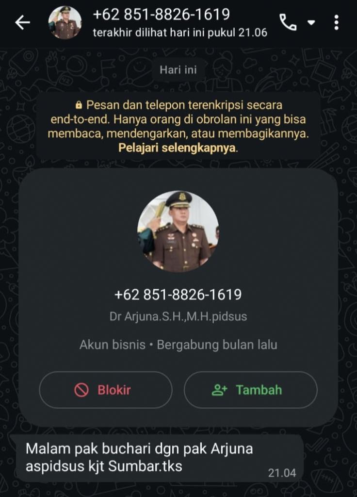 Nomor WhatsApp Mengaku Aspidsus Kejati Sumbar Minta Uang Perkara